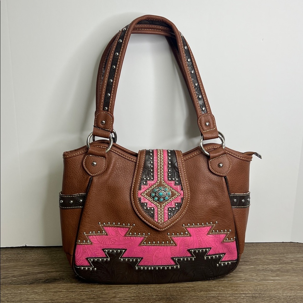 Montana West Brown & Pink Western Studded Tote Handbag NWT